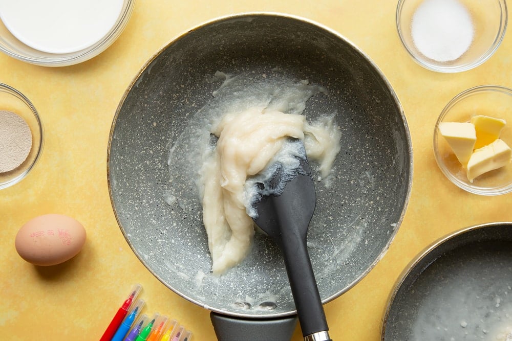 Strong white bread flour and water in a small pan, cooked to a pudding-like consistency.