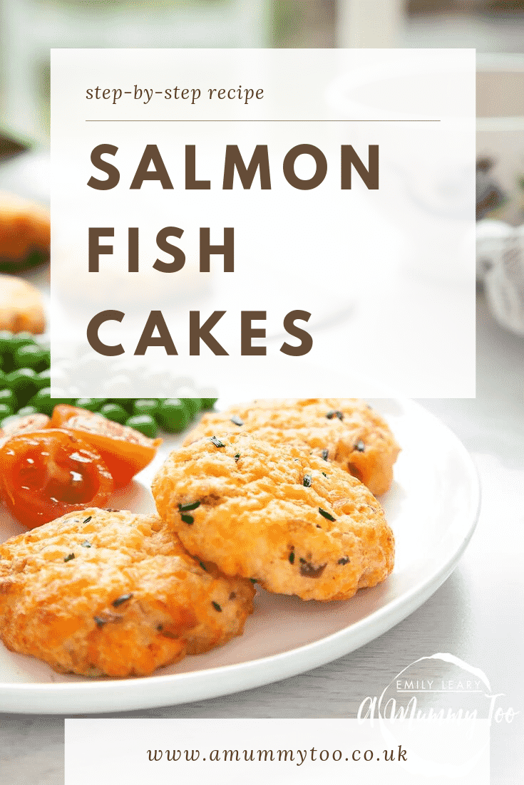 Close up of some baked salmon fish cakes on a white plate with a side of veg. At the top of the image there's a white background with some text describing the image for Pinterest. 