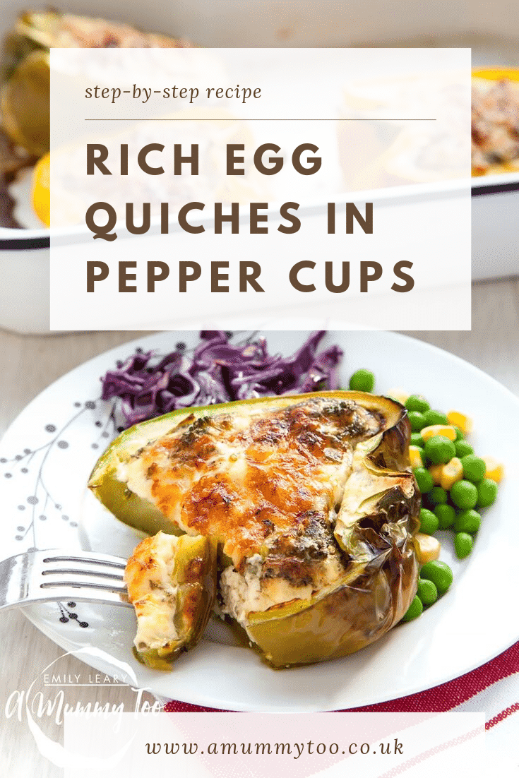 Overhead shot of quiche pepper cups with a side of peas and cabbige. At the top of the image there's some text explaining the image for Pinterest.