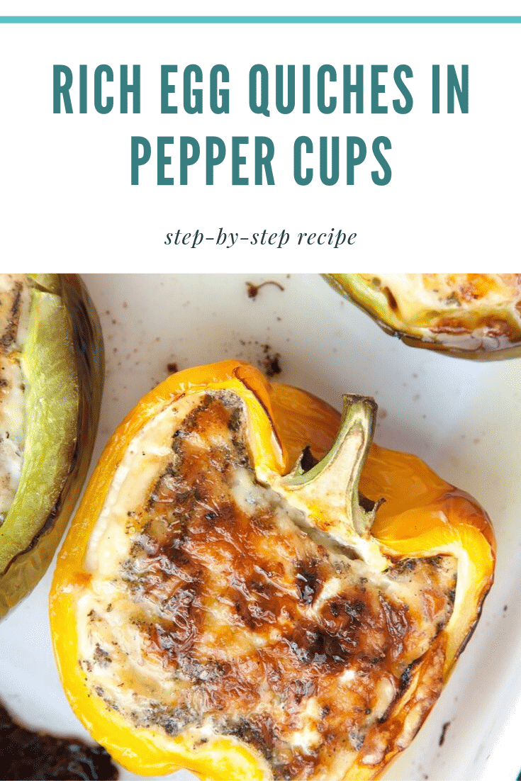 Close up of a baked yellow quiche pepper on a white baking pan. At the top of the image there's some text explaining the image.