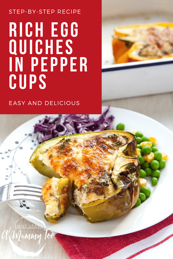 Baked pepper quiche cup on a decorative white and black plate with a red and white napkin underneeth. 