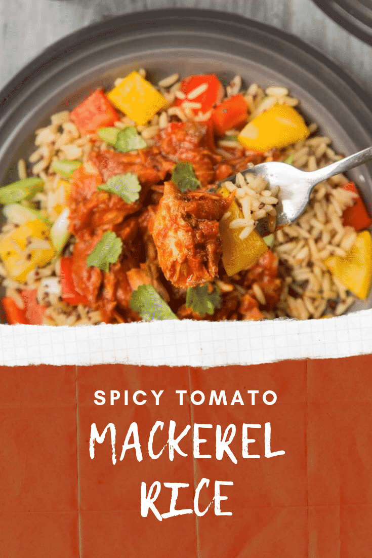 Close up overhead photo of the Spicy Tomato Mackerel with Rice. At the bottom of the image there's some white text on a red background describing the image for Pinterest.