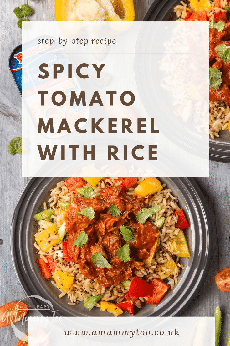 Overhead shot of two plates of Spicy Tomato Mackerel with Rice on a wooden table. At the top of the image there's some text describing the image for Pinterest.