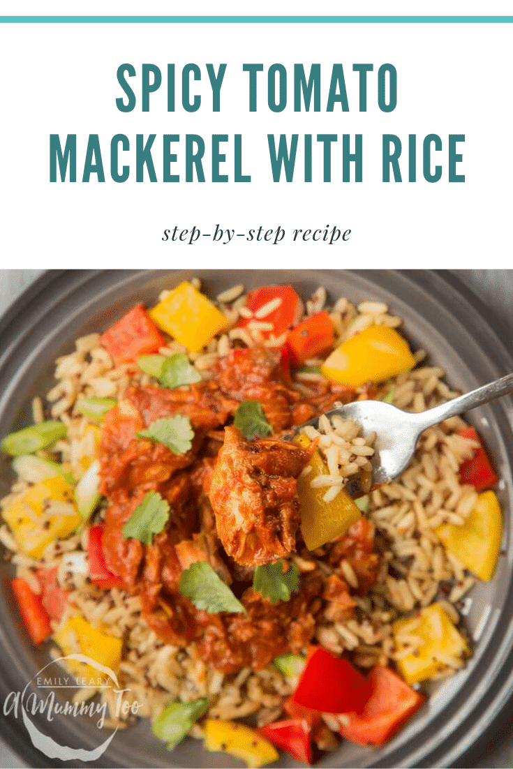 Overhead shot of the Spicy Tomato Mackerel with Rice with a fork on the side. At the top of the image there's some text describing the image for Pinterest. 