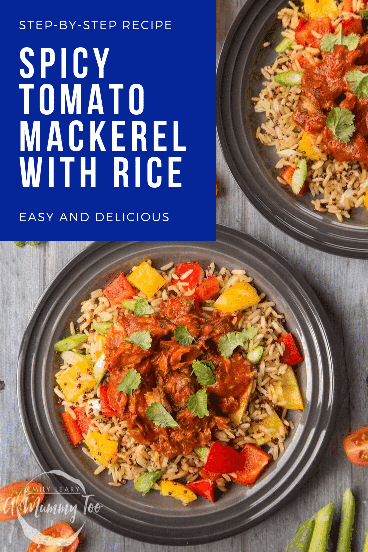 Overhead shot of two bowl of Spicy Tomato Mackerel with Rice. In the top right corner of the image there's some white text on a blue background describing the image for Pinterest.