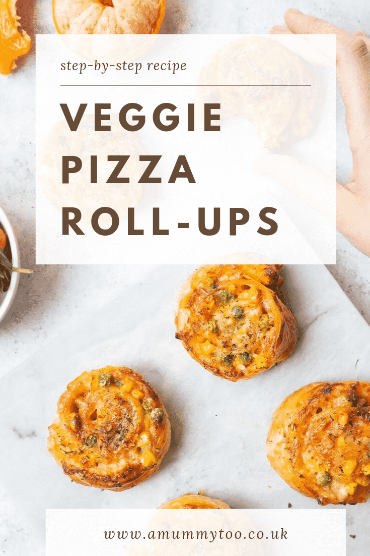 Close up overhead shot of veggie pizza roll-ups. At the top of the image there's some brown text describing the image for Pinterest. 