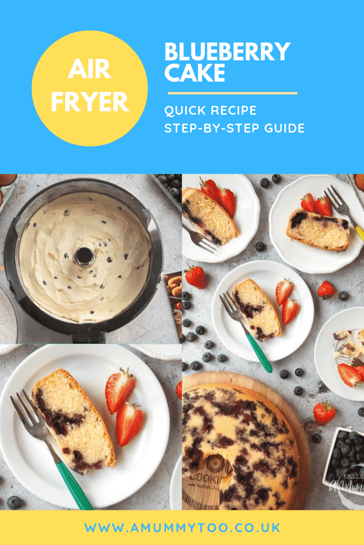 Three process images of ActiFry blueberry cake. At the top of the image there's some text describing the image for Pinterest. 