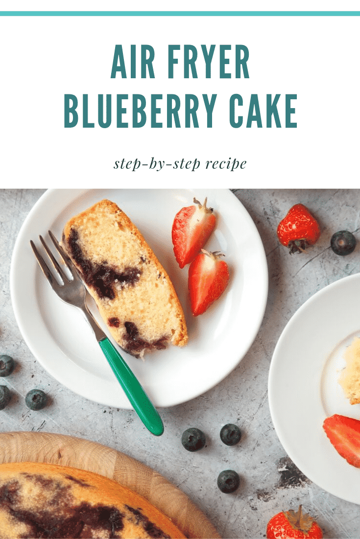 Close up over head shot of a blueberry cake slice cooked in the ActiFry. At the top of the image there's some text describing the image for Pinterest. 