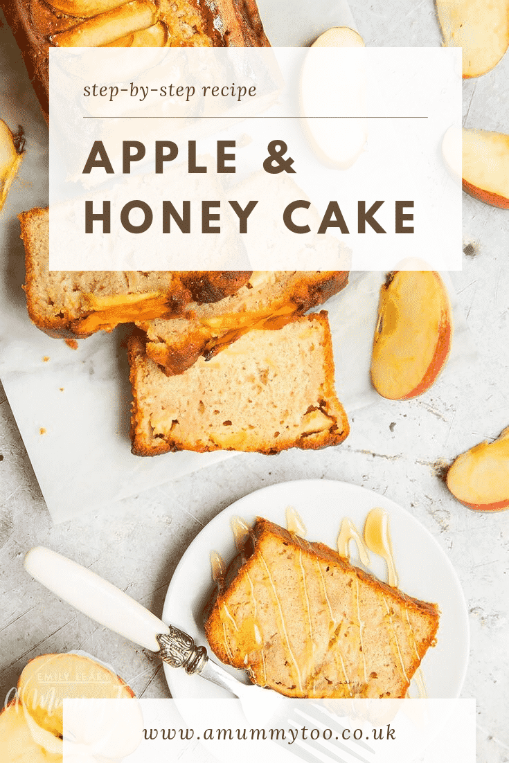 Sliced apple and honey cake served on a white plate with a decoative fork on the side. The cake slice is topped with a drizzle of honey. At the top of the image there is some brown text describing the image for Pinterest. 