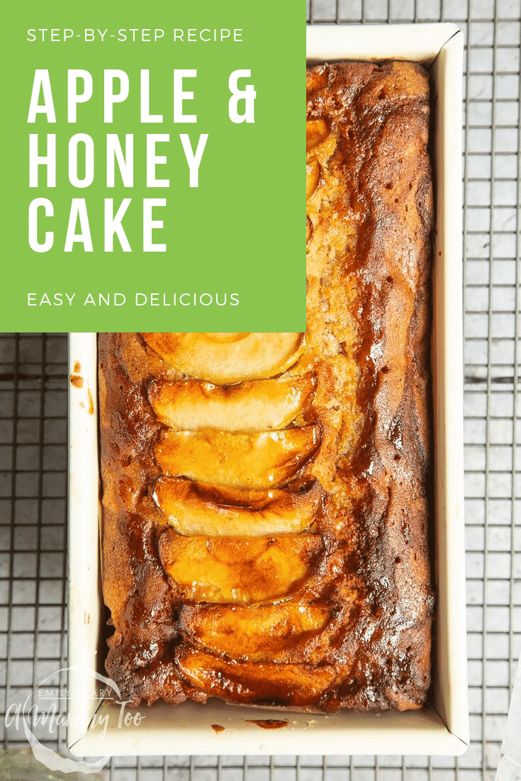 Overhead shot of the apple and honey cake cooling on a wire rack. In the topo left hand corner there is some white text on a green background describing the image for Pinterest. 