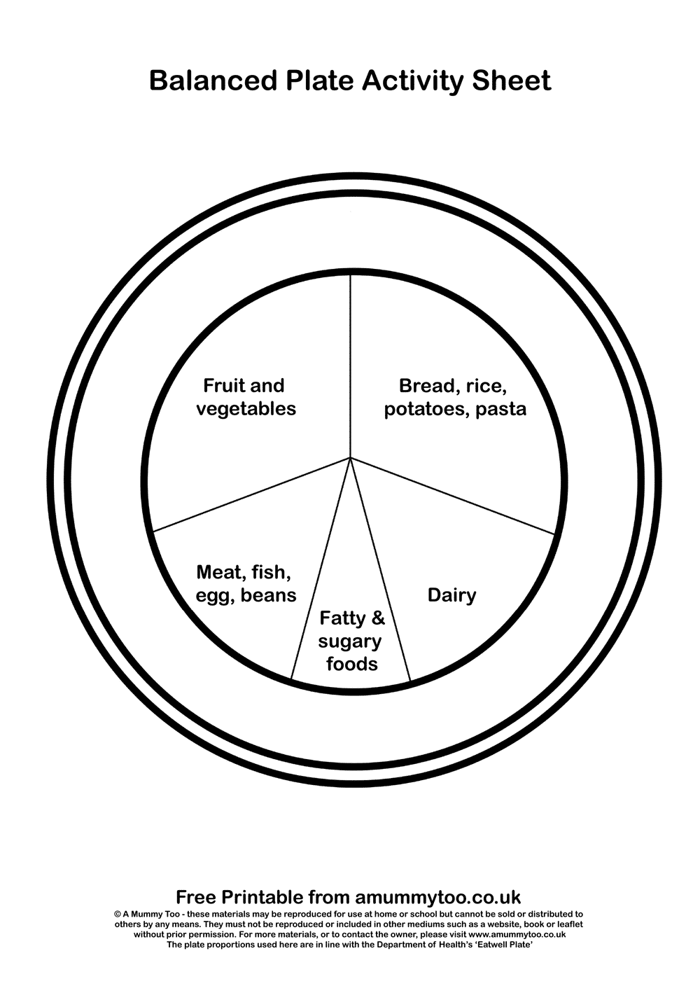 Printable balanced plate activity sheet in black and white. 