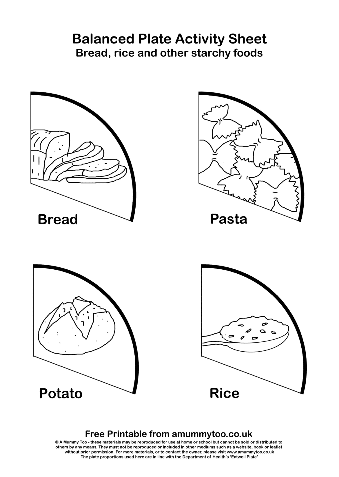 Balanced plate activity sheet with different carbohydrates including potato, bread, pasta and rice. 