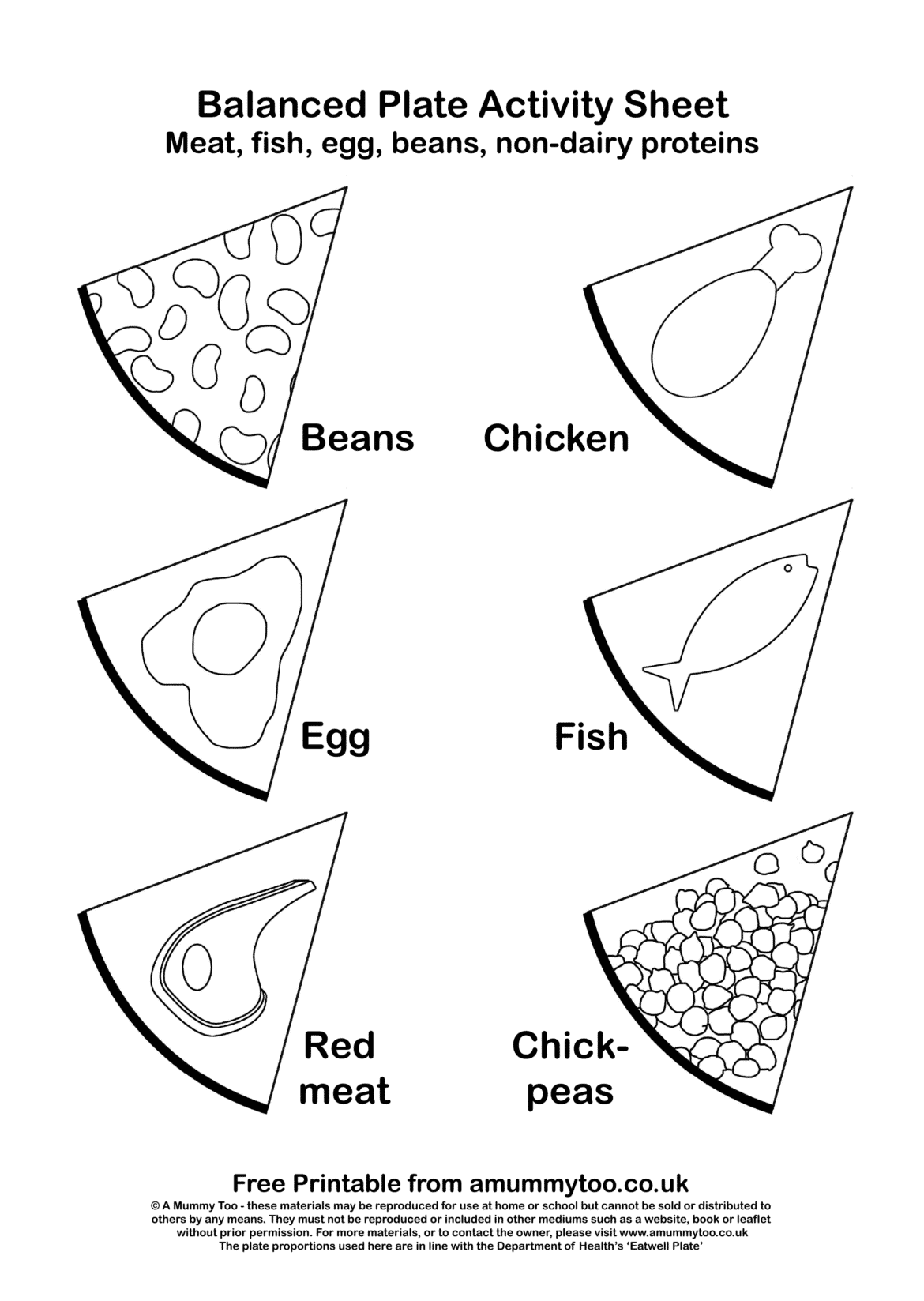 Balanced plate black and white activity sheet that demonstrates protiens such as beans, chicken, egg and fish. 