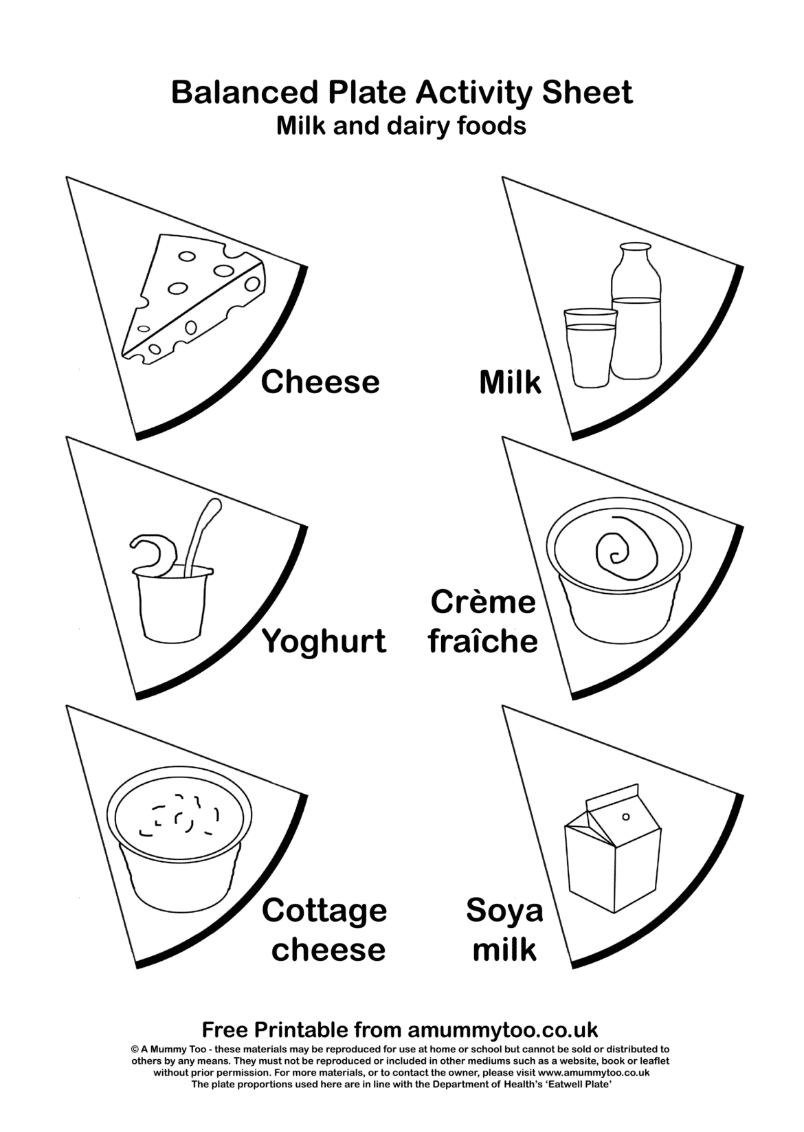 Black and white printable actvity sheet with different dairy products including cheese, milk, cottage cheese and soya milk.