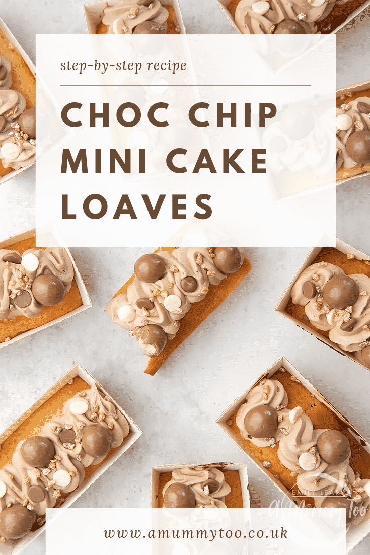 Overhead shot of the chocolate chip mini-loaf cake with chocolate frosting scattered on a white table. At the top of the image there's some brown text on a white background describing the image for Pinterest. 