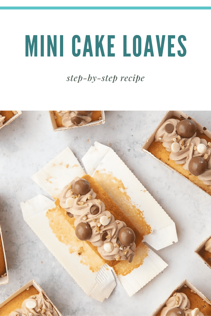 Close up overhead shot of the chocolate chip mini-loaf cake with chocolate frosting being unwrapped from the tray. At the top of the image there's some teal text describing the image for Pinterest. 