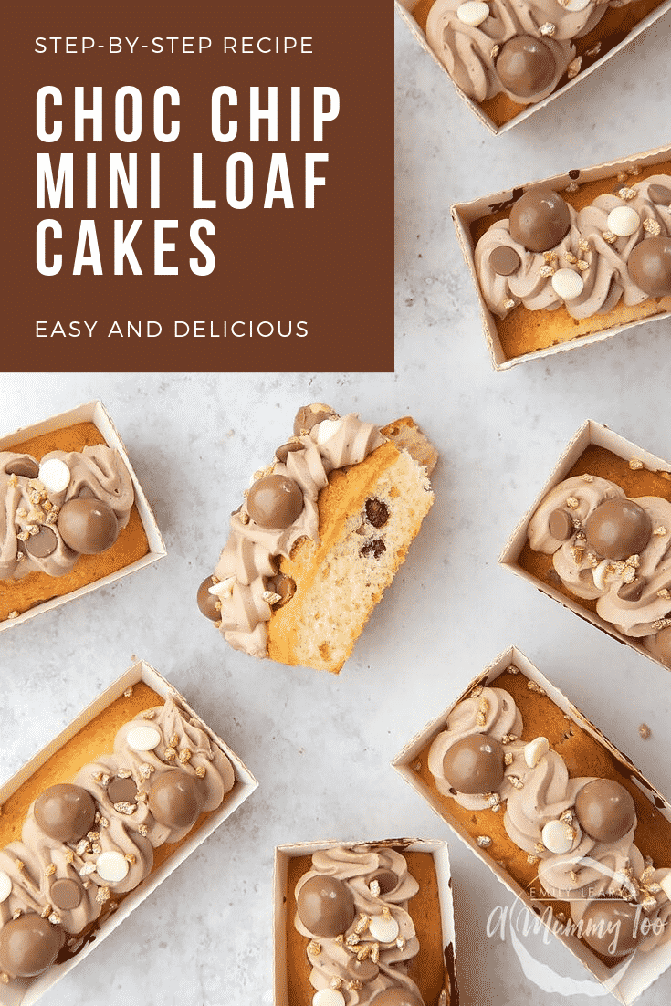 Overhead shot of chocolate chip mini-loaf cake with chocolate frosting on a white table. In the top left hand corner there's some white text on a brown background describing the image for Pinterest. 