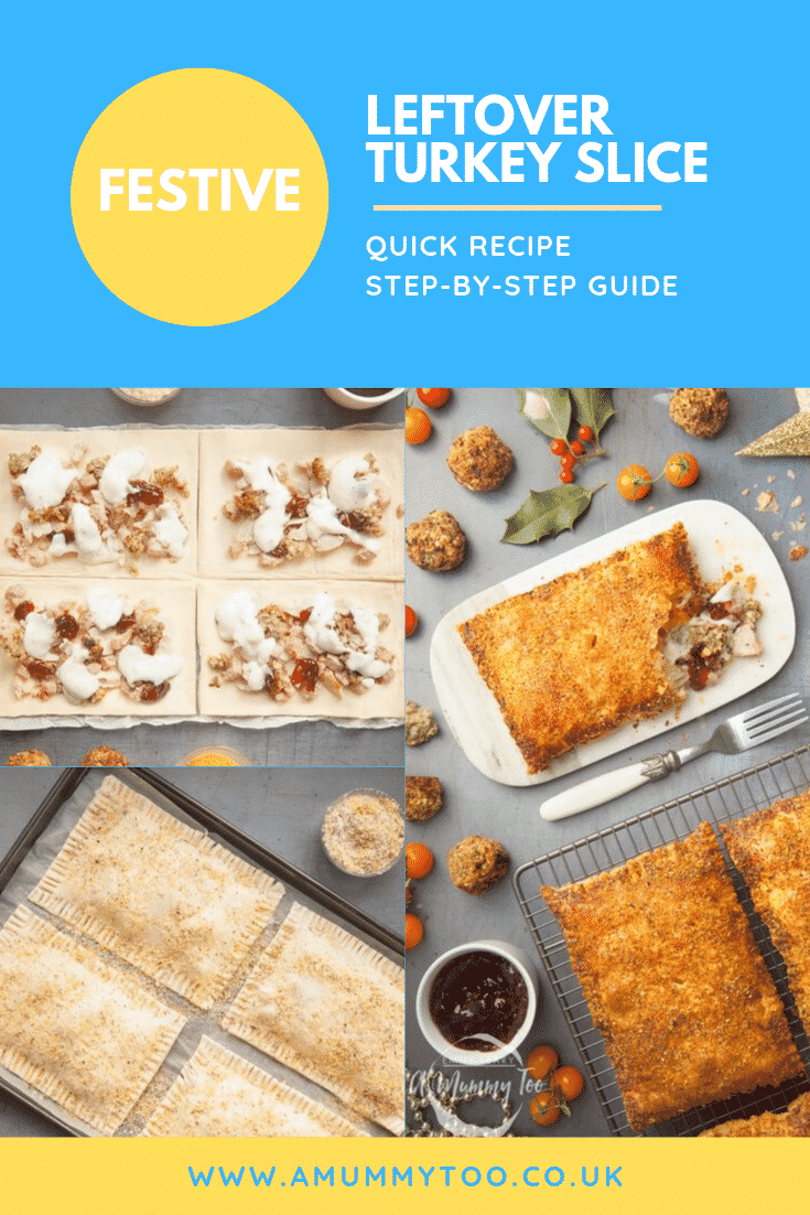 Three images showing the festive bakes in process. At the top of the image there is some descriptive text outlining the recipe for Pinterest.