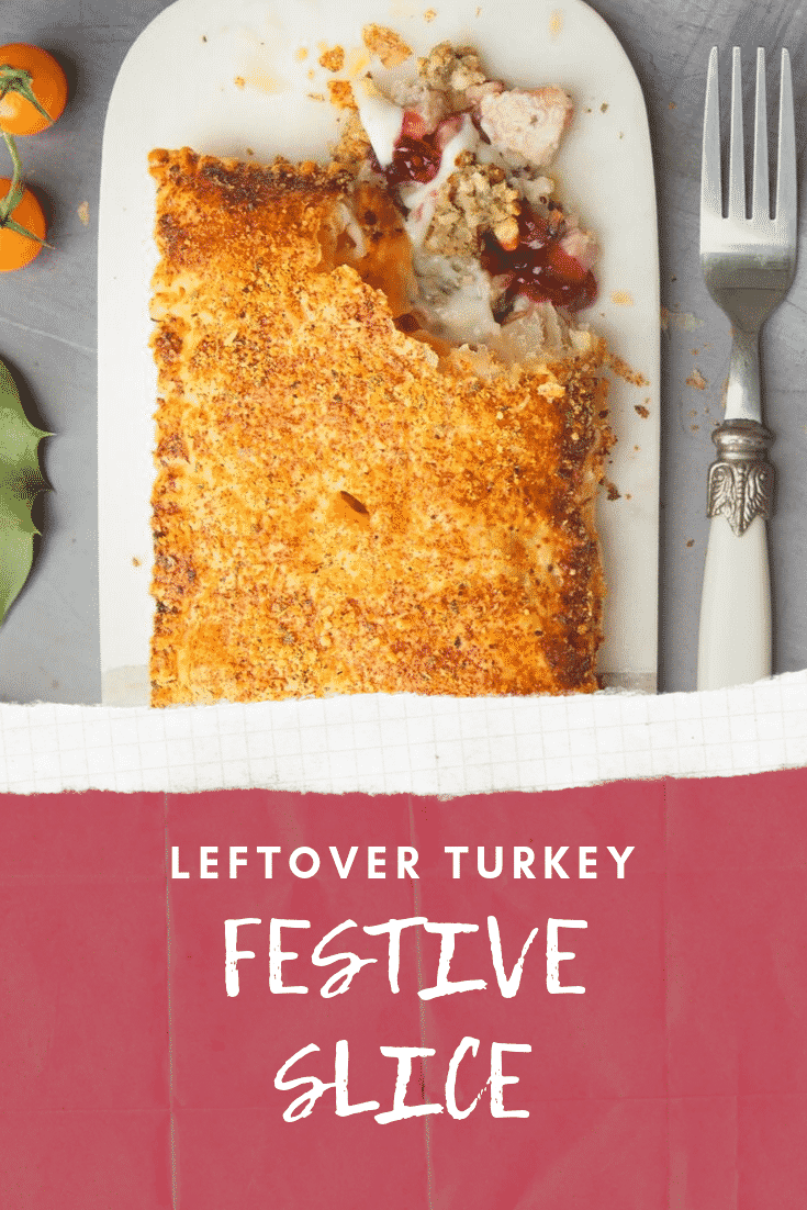 A close up of a cut open Festive slice on a plate with a decorative fork at the side. At the bottom of the image there's a red background with some white text describing the image for Pinterest.