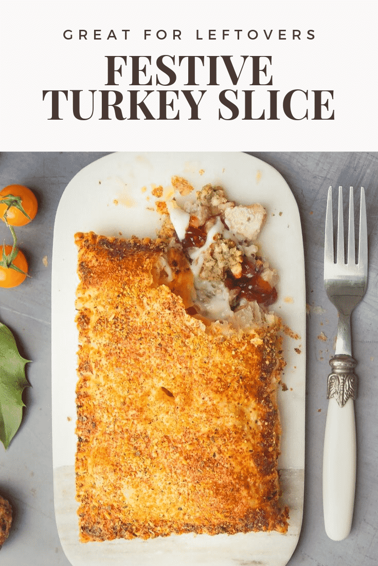 Close up of a cut open festive slice on a white plate with a decorative fork at the side. The top of the image has a white background with some text describing the image for Pinterest.