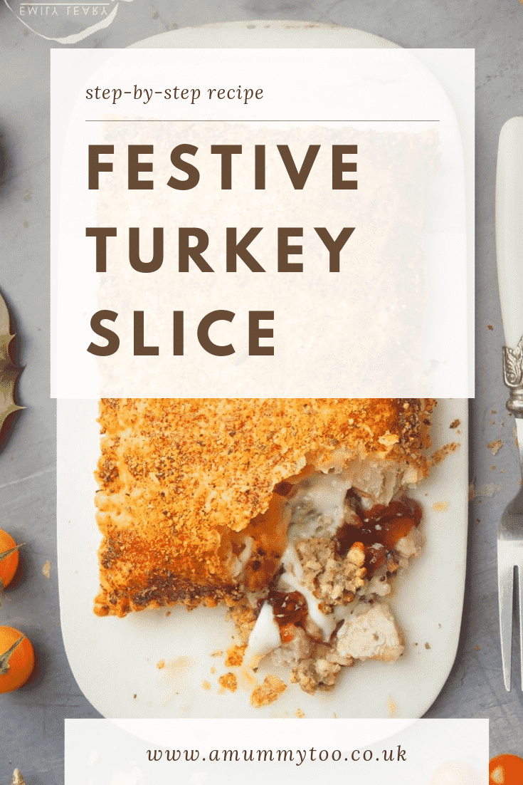 A close up of a festive slice cut open. Over the top of the image there's some text describing it for Pinterest.