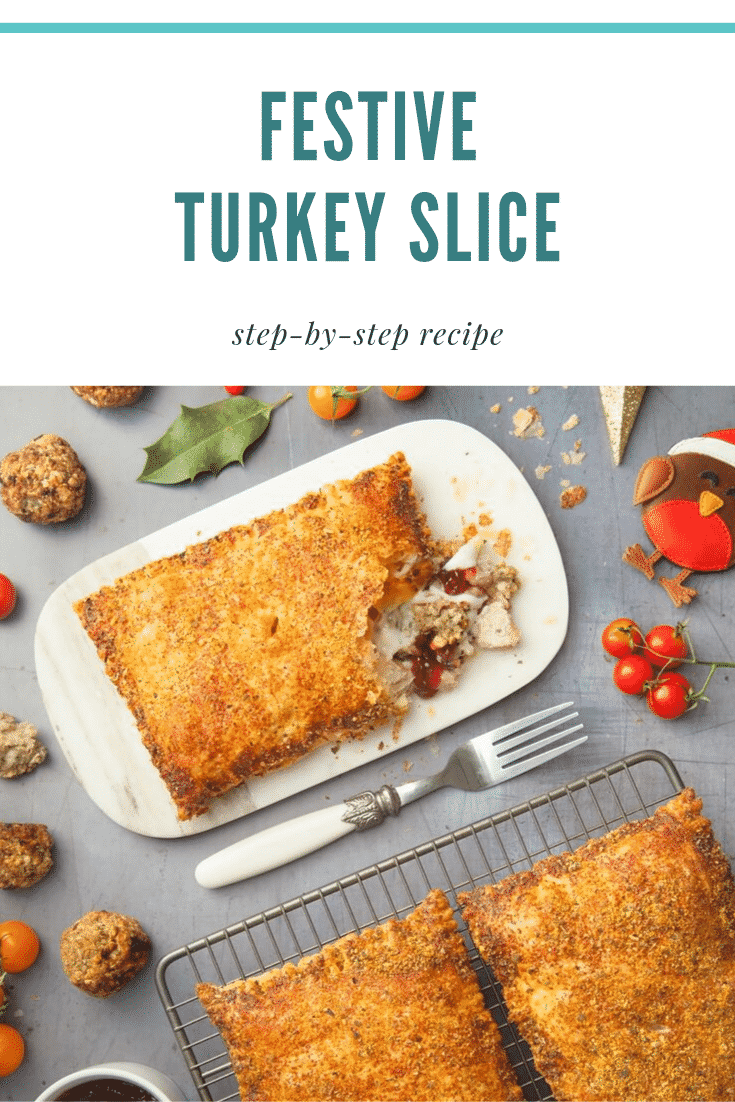 A cut open festive slice sits on a white plate. At the side there's a decorative fork and some additional festive slices cooling on a wire rack. Around the side of the image thre's some different ingredients used during this recipe. At the top there's a white background with some dark teal font that describes the image for Pinterest.