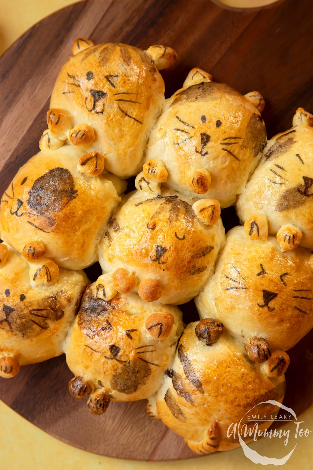 Kim-Joy's Tangzhong Cat Buns - nine bread rolls on a board, shaped and decorated to resemble cats