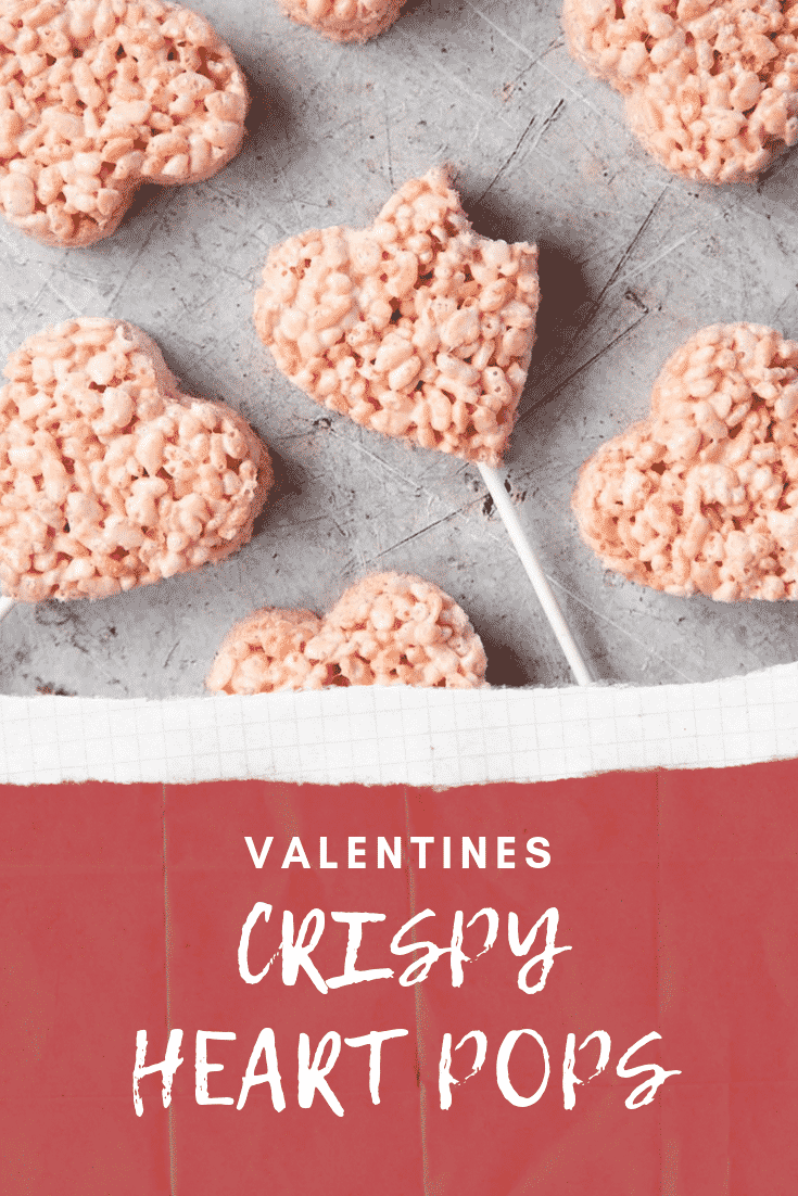 Close up of the heart crispy cake pops. At the bottom of the image there's some text explaining the image for Pinterest users.