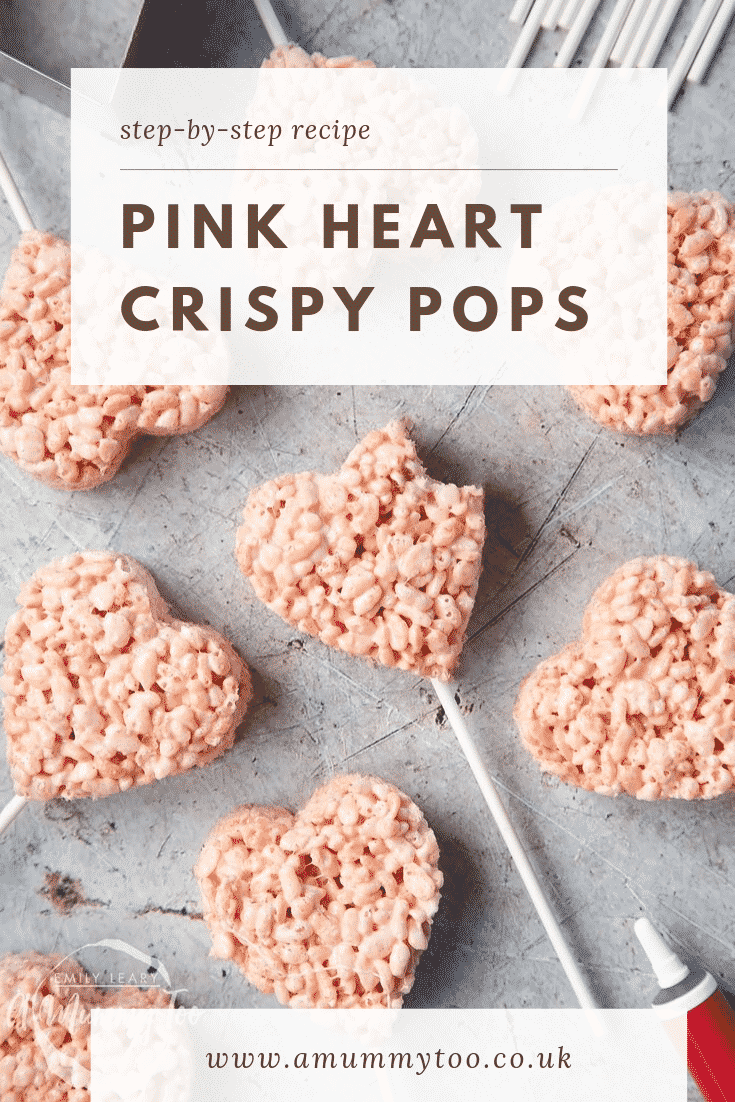 Heart crispy cake pops on a grey background with text explaining the image for Pinterest