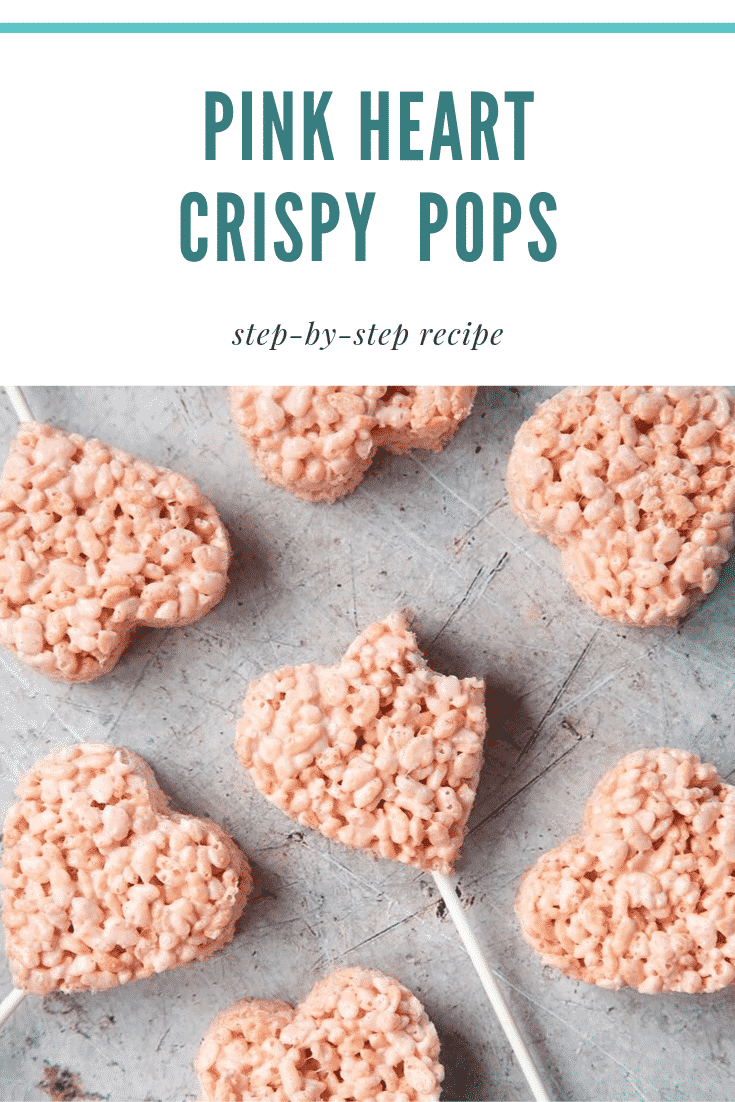 Close up of heart crispy cake pops on a grey background. At the top of the image there's some teal blue text explaining the image for Pinterest.