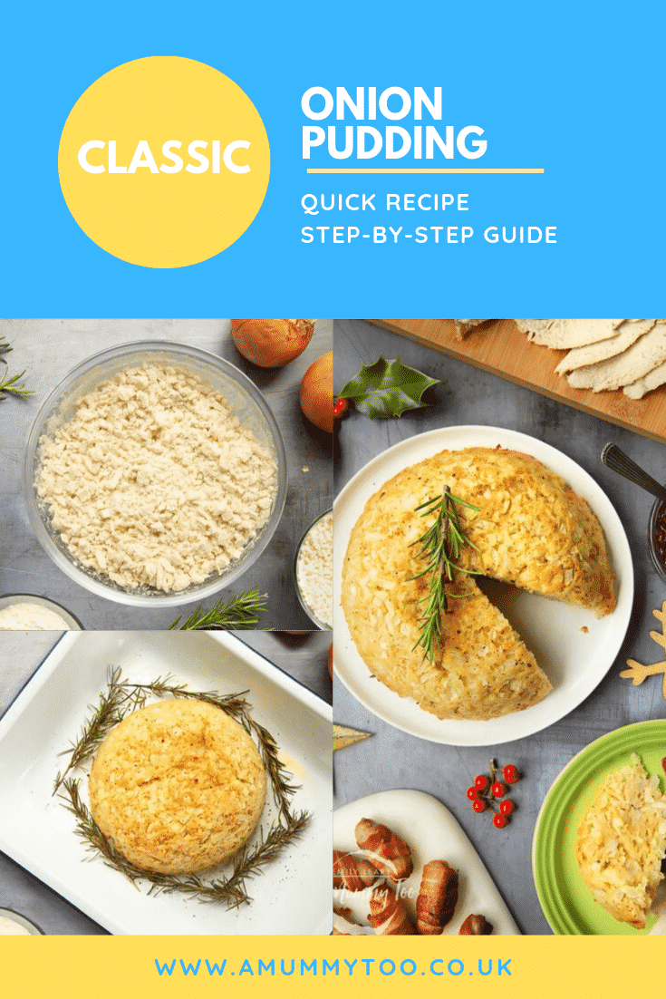 Three process shots of the classic Onion Pudding. At the top of the image there's some text describing the image for Pinterest.