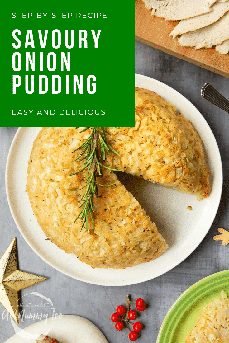 Overhead shot of the finished onion pudding on a plate surrounded by some of the ingredients required for the recipe. At the top of the image there's some text describing the image for Pinterest. 