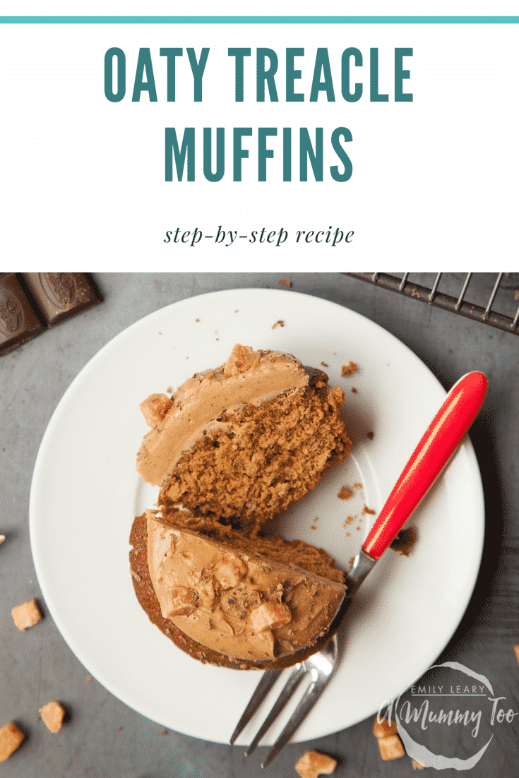 Graphic text OATY TREACLE MUFFINS step-by-step recipe above overhead shot of muffin with a fork on the side served on a white plate with a mummy too logo in the lower-right corner
