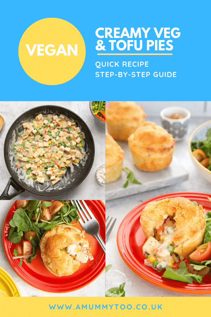 Three process images demonstrate how the cream veg and tofu pies have been made. At the top of the image there's some text describing the image for Pinterest.