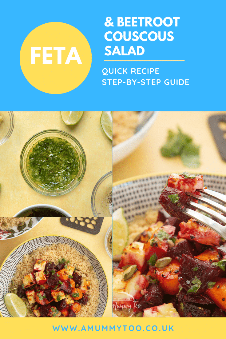 Three process images demonstrating how to make the Beetroot and feta salad with couscous. At the top of the image there is some text describing the image for Pinterest.