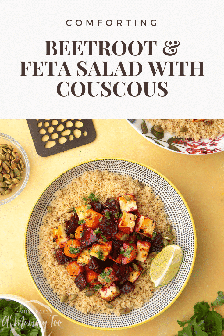 Overhead shot of a yellow and black bowl of Beetroot and feta salad with couscous on a yellow table. At the top of the image there is some text describing the image for Pinterest. 