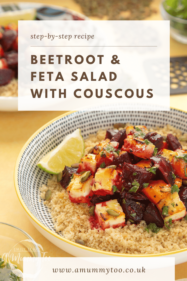 Side on shot of a bowl of Beetroot and feta salad with couscous on a yellow table. At the top of the image there is some brown text describing the image for Pinterest.