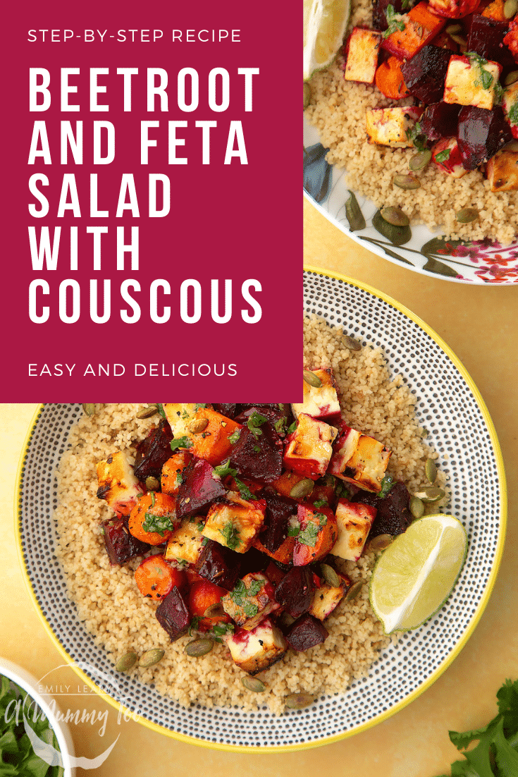 Overhead shot of two decoative bowls filled with Beetroot and feta salad with couscous. At the top left hand side of the image there is some white text describing the image for Pinterest.