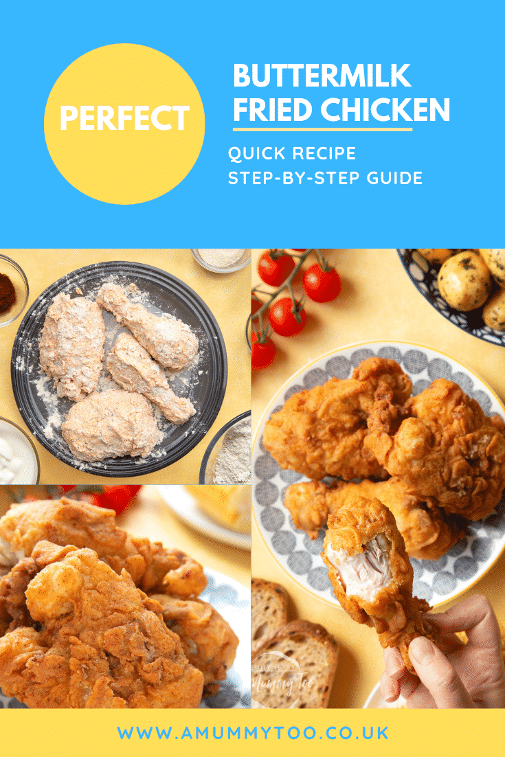 Gordon Ramsay’s buttermilk fried chicken images in a collage, including piled on a plate, and a hand holds a well-coated drumstick, with a golden seasoned coating. A heading states, Perfect Buttermilk Fried Chicken Quick Recipe Step by Step Guide