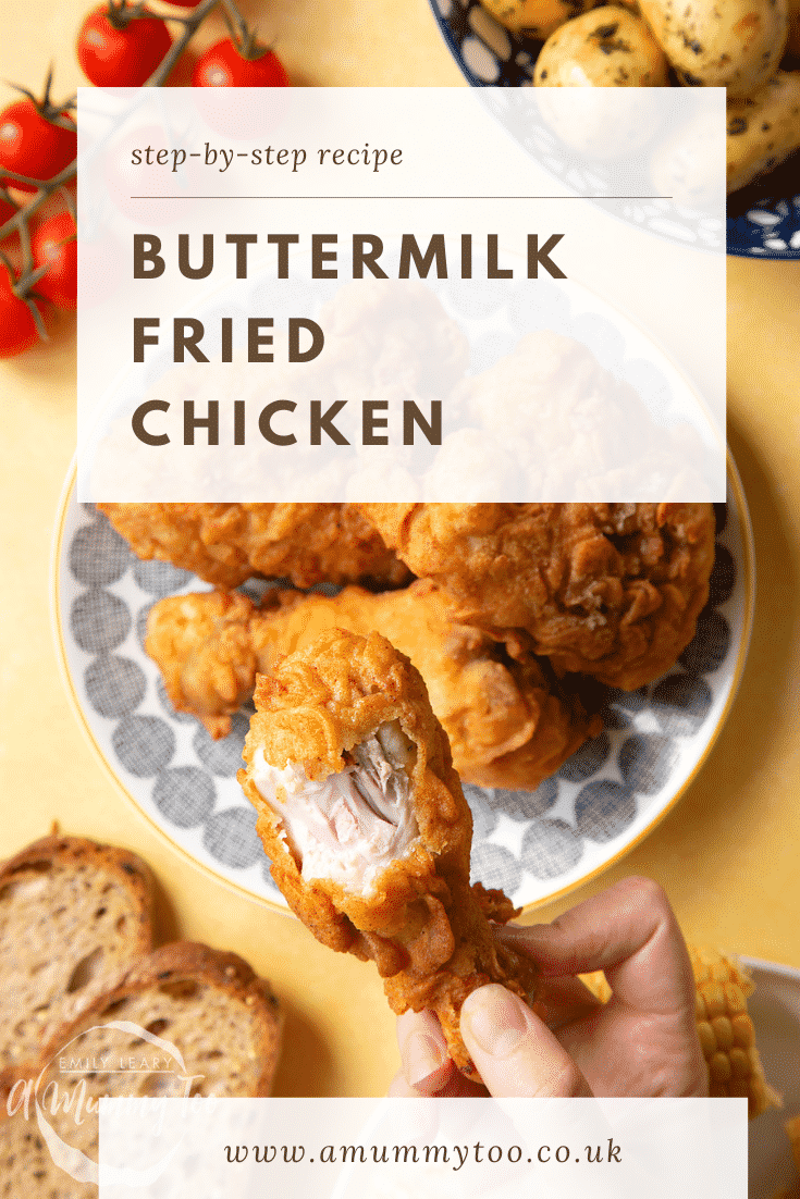 Gordon Ramsay’s buttermilk fried chicken arranged on a plate. A hand holds a well-coated drumstick, with a golden seasoned coating. A heading states, Step by Step Recipe Buttermilk Fried Chicken