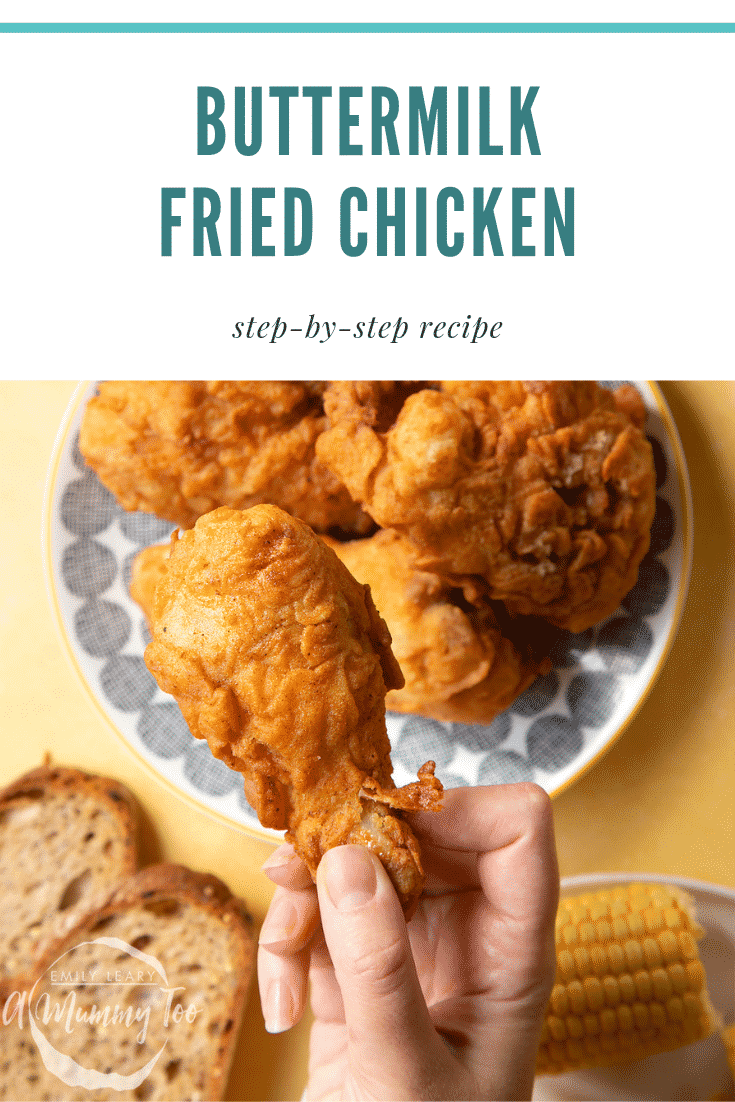 Gordon Ramsay’s buttermilk fried chicken arranged on a plate. A hand holds a well-coated drumstick, with a golden seasoned coating. A heading states, Buttermilk Fried Chicken Step by Step Recipe