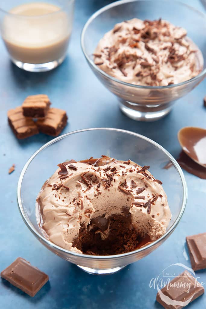 Looking at the layers of the baileys triple chocolate trifle in the desert bowl.