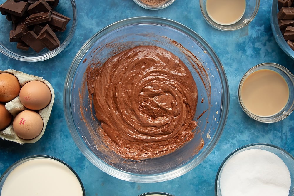 baileys triple chocolate trifle mixed  ingredients in a bowl