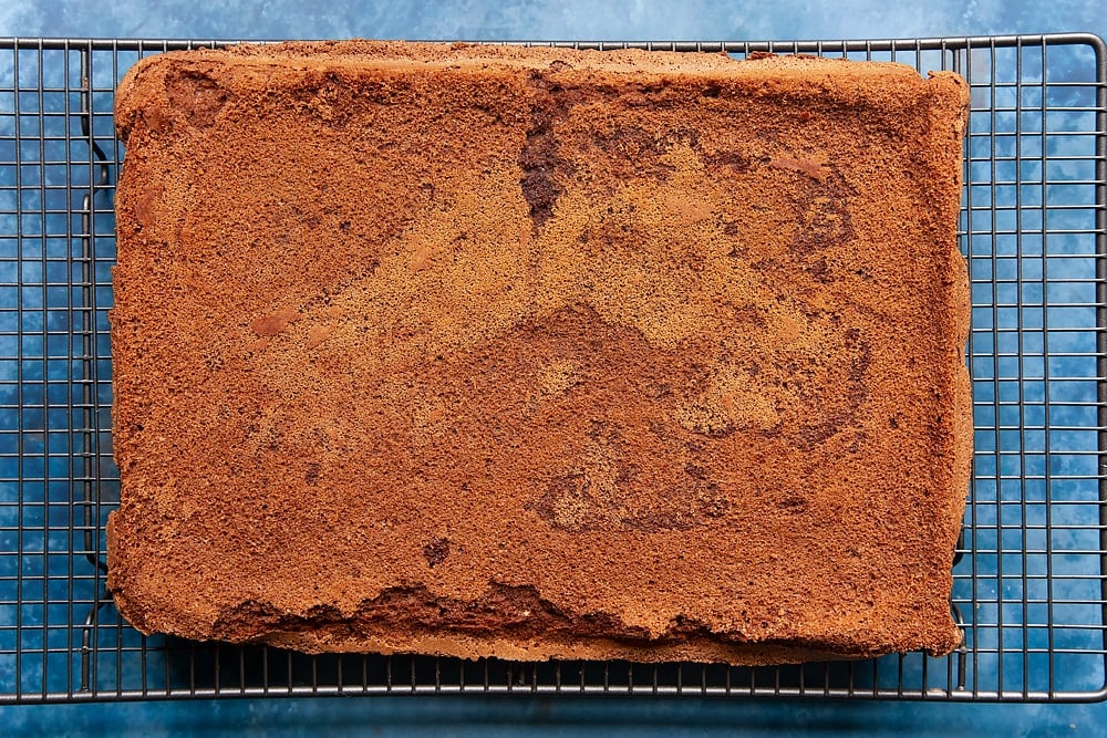 baileys triple chocolate trifle having being baked for 20 minutes, cooling on a cooling rack.