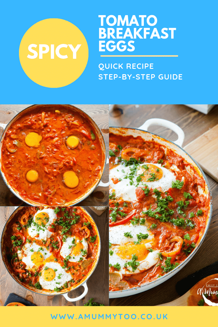 graphic text:TOMATO BREAKFAST EGGS QUICK RECIPE STEP BY STEP  above a collage view of spicy breakfast eggs in tomato sauce in a casserole dish