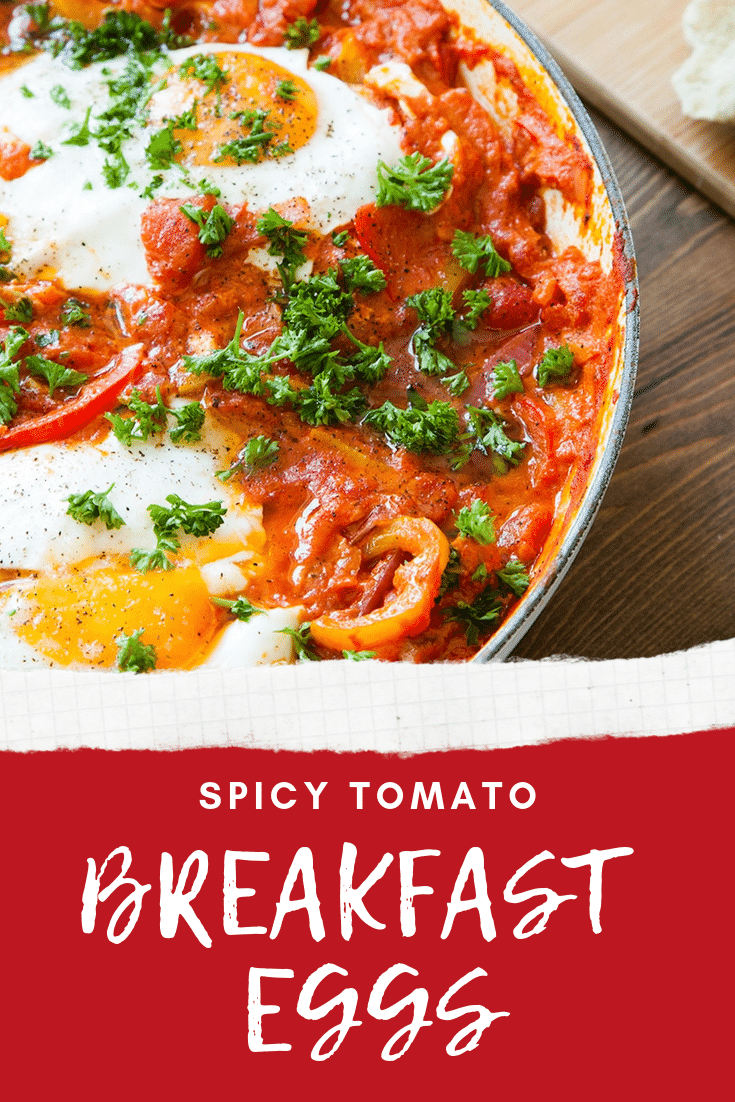 graphic text: SPICY BREAKFAST EGGS above a front view of spicy breakfast eggs in tomato sauce in a casserole dish