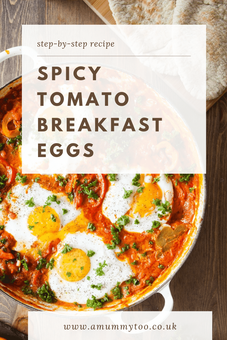 graphic text: STEP BY STEP SPICY BREAKFAST EGGS EASY AND DELICIOUS above a overhead view of spicy breakfast eggs in tomato sauce in a casserole dish