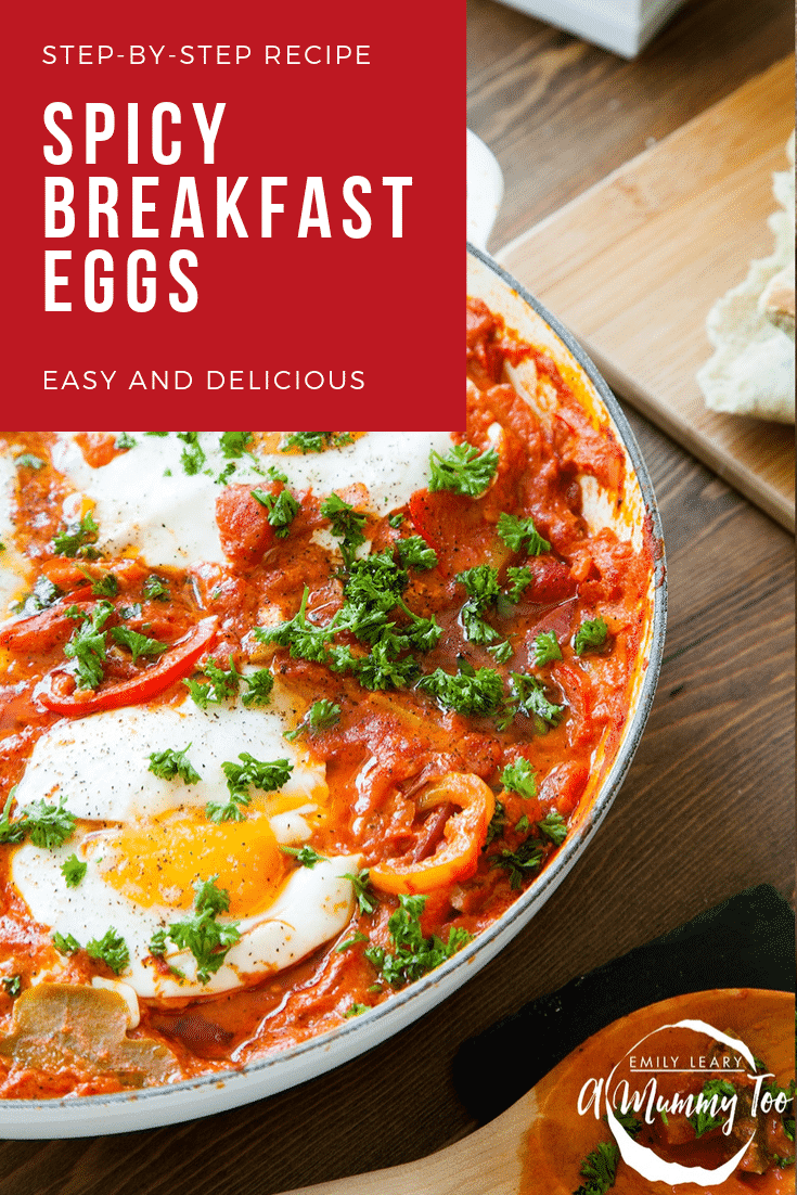 graphic text: STEP BY STEP SPICY BREAKFAST EGGS EASY AND DELICIOUS above a front view of spicy breakfast eggs in tomato sauce in a casserole dish