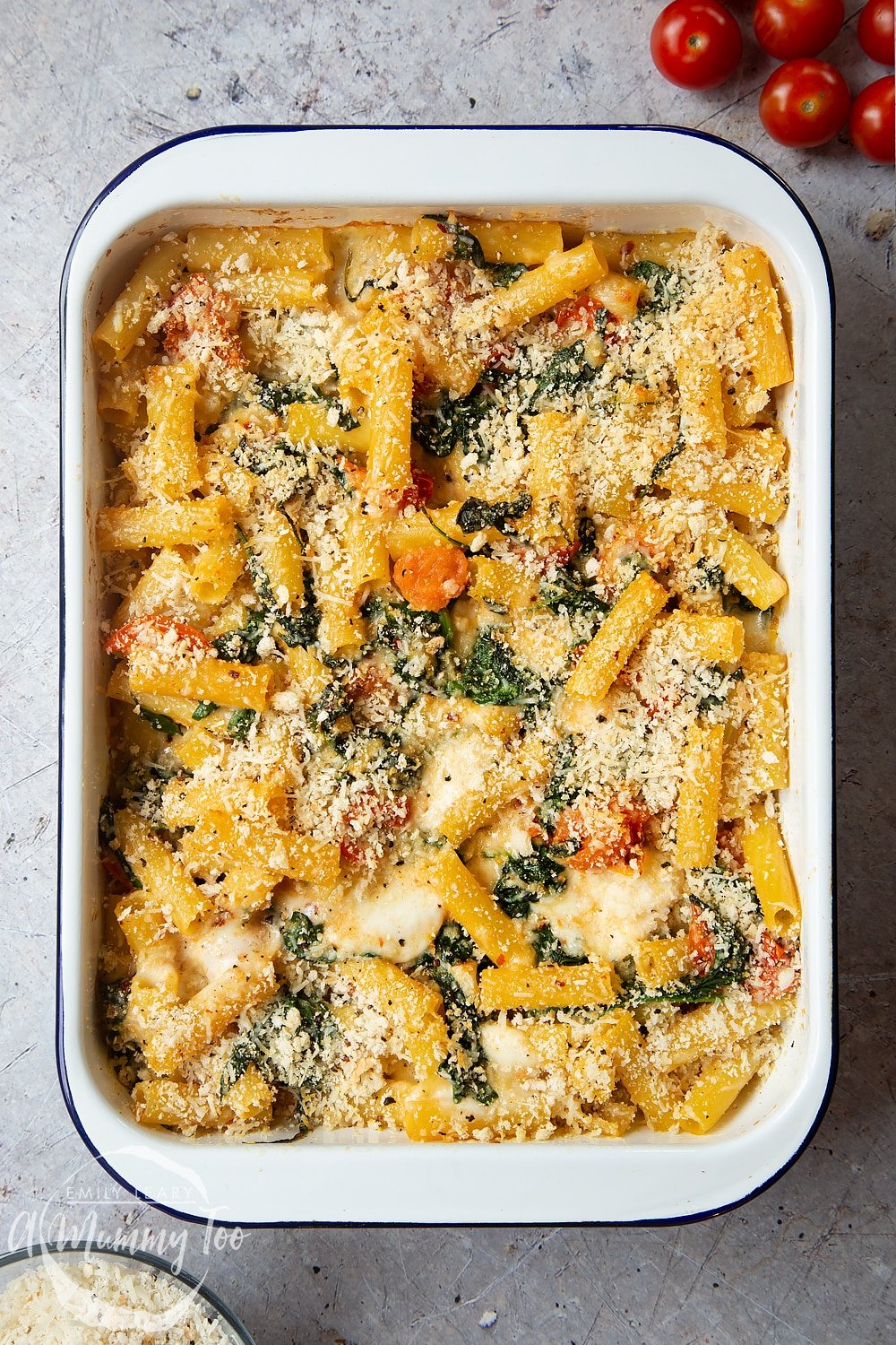 The Cherry tomato, spinach and garlic mozzarella pasta bake having been baked in the oven. 