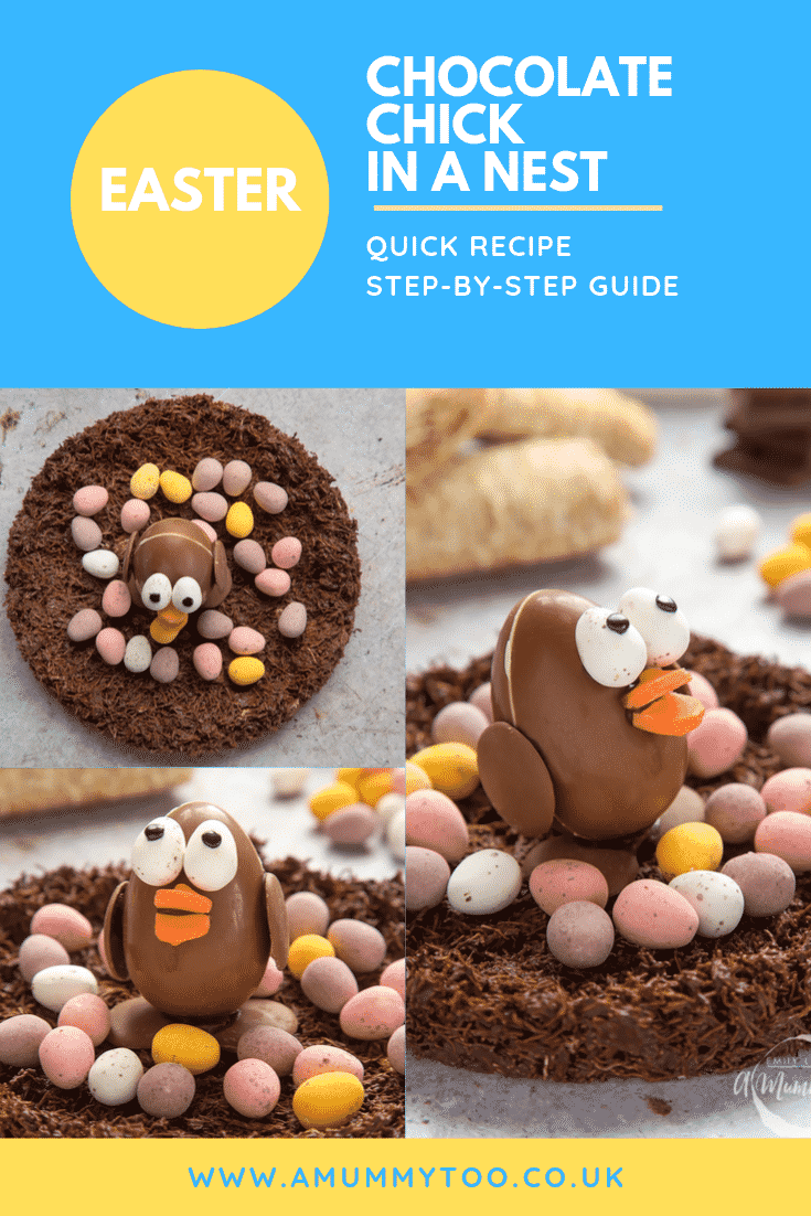 graphic text STEP-BY-STEP RECIPE EASTER CHOCOLATE CHICK EASY AND DELICIOUS above Side angle shot of easter egg chocolate